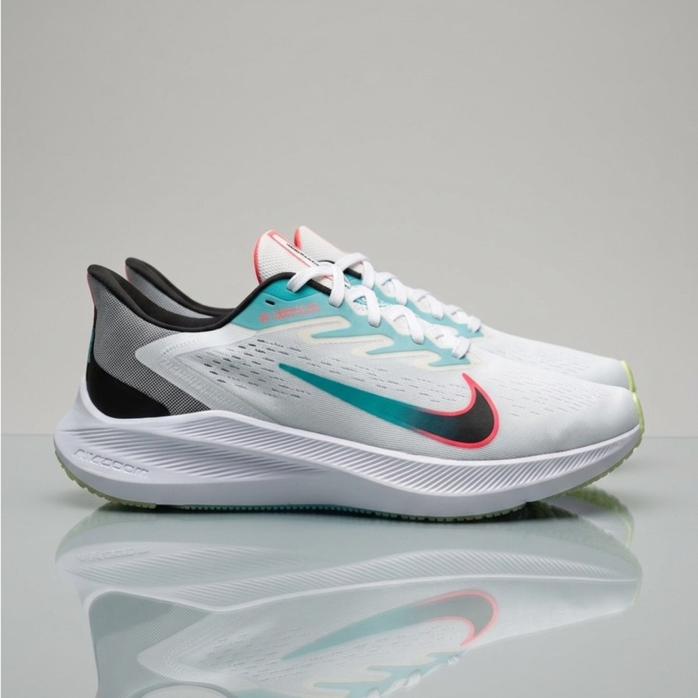 Nike Air Zoom Winflo 7 Men's Running Shoes - White with Teal & Coral Swoosh